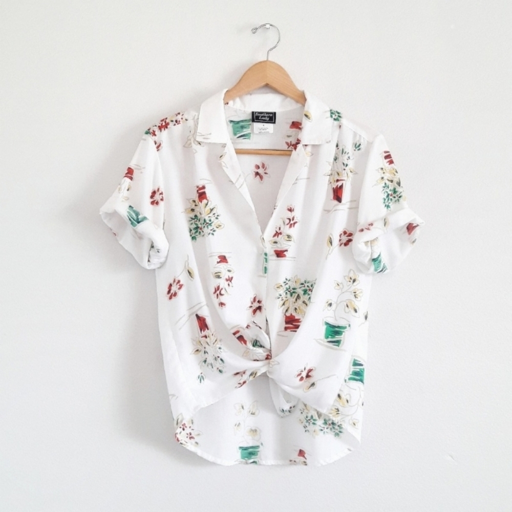 Vintage White Potted Plants Print Top